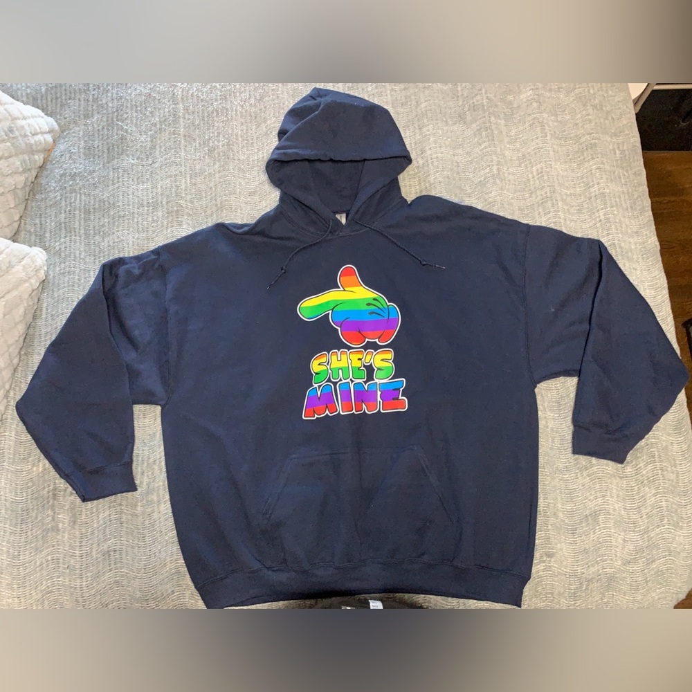 Blue She’s Mine Mickey Mouse Pointing Hand, The Rainbow Mickey Hands Hoodie 3XL - Picture 3 of 10